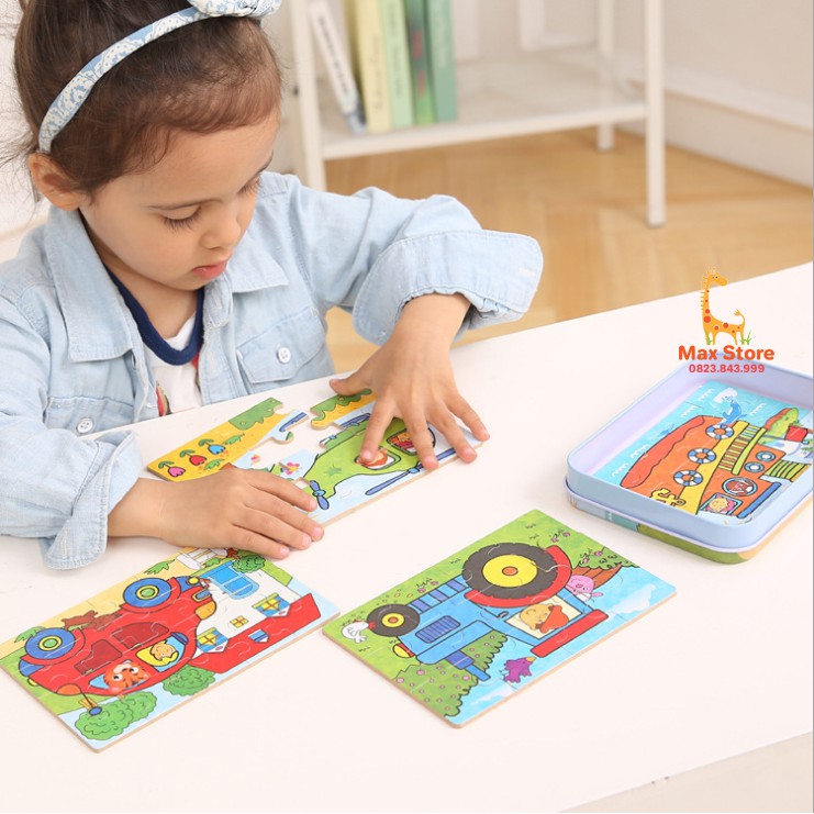 (4 Cấp Độ) Đồ Chơi Gỗ Bộ 4 Tranh Ghép Hình PUZZLE Hộp Sắt