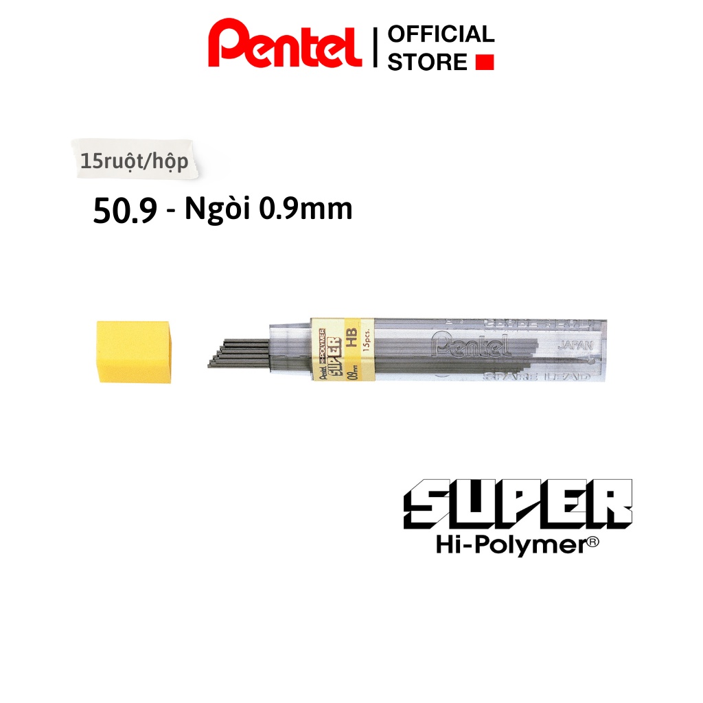Ruột Chì Kim Pentel Hi-Polymer Super 50.9 2B Ngòi 0.9mm | Siêu ứng (15 Ruột/Tuýp)