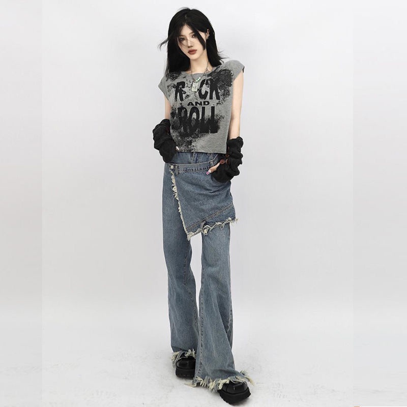 Street style straight jeans women's spring new design sense niche fake two pieces loose horn wide leg pants trendy 8urZ