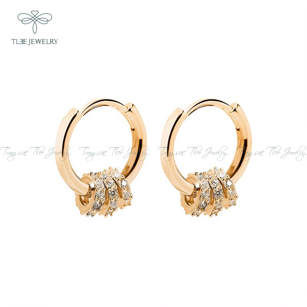 Khuyên tai bạc nữ TLEE tròn trơn mix ba vòng tròn nạm đá NCJ B0113