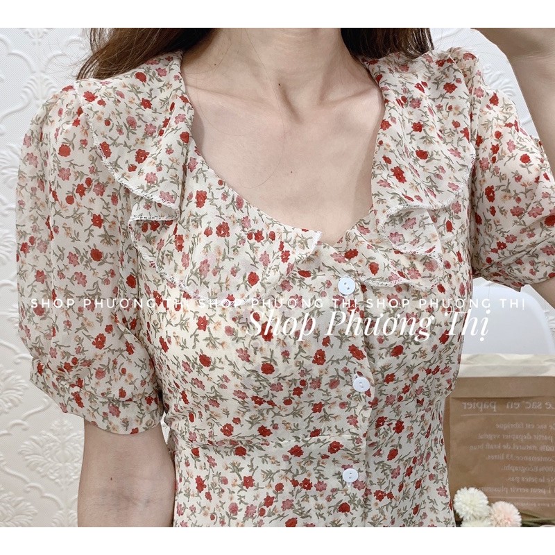 Váy hoa nhí cổ sen bèo cộc tay - Đầm hoa nhí dáng dài qua gối | BigBuy360 - bigbuy360.vn