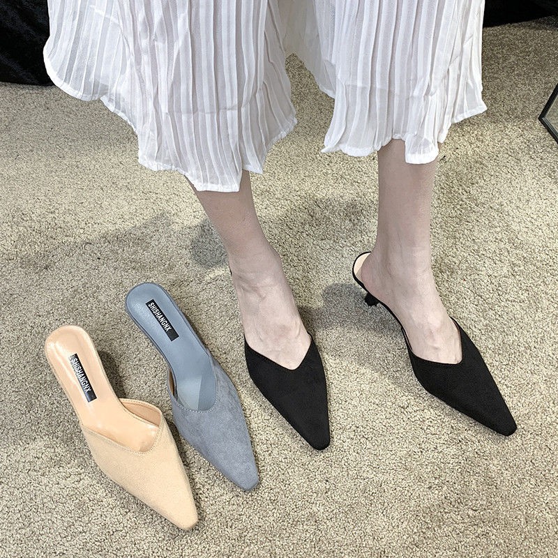 NEW Sale#Sandals và dép lê nữ đi mùa hè giày cao gót mũi nhọn phong cách Hàn Quốc Baotou semi-trail lười đế mỏ . ! : . ⚚