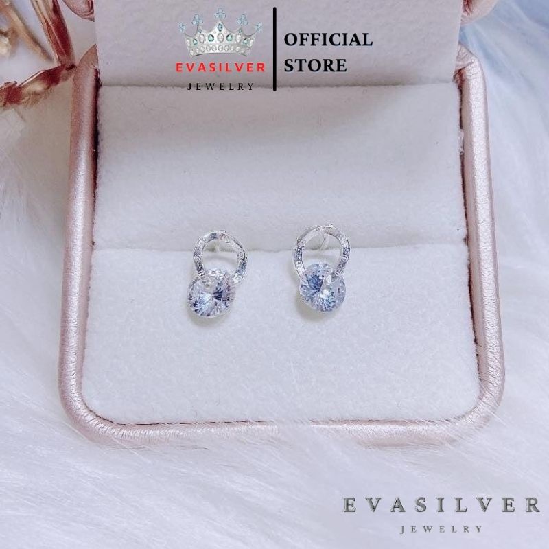 Bông tai bạc hình tròn xoắn đính đá li to, khuyên tai chất liệu bạc ta cao cấp - Trang sức bạc Evasilver