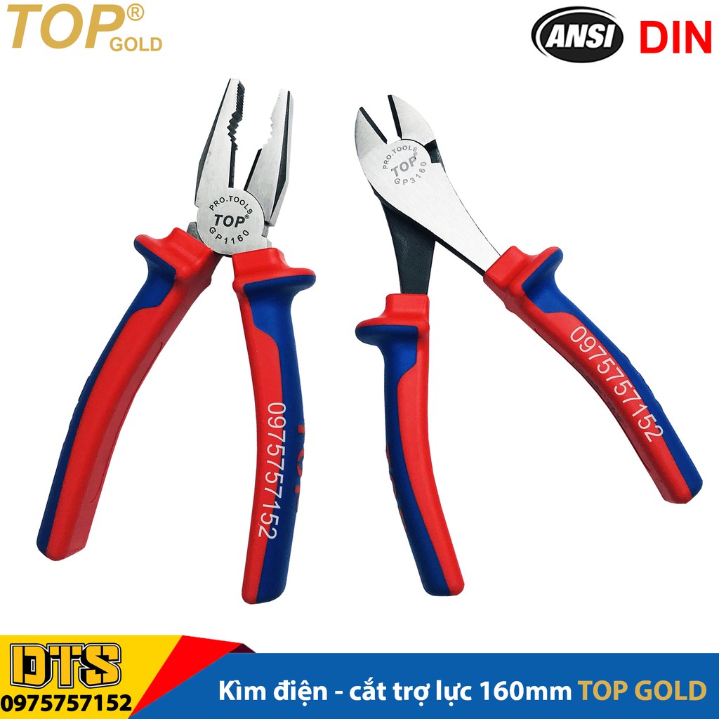 Bộ 2 kìm điện - cắt trợ lực chuyên nghiệp TOP GOLD 160mm, thép Hi-Cr cao cấp, thiết kế cộng lực tiết kiệm 50% lực bấm