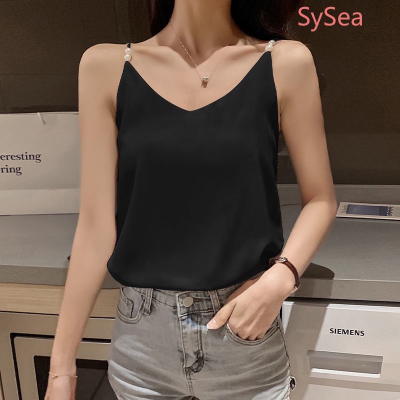 Áo Voan Hai Dây Đính Ngọc Trai Thời Trang Mùa Hè Pháp Cho Nữ