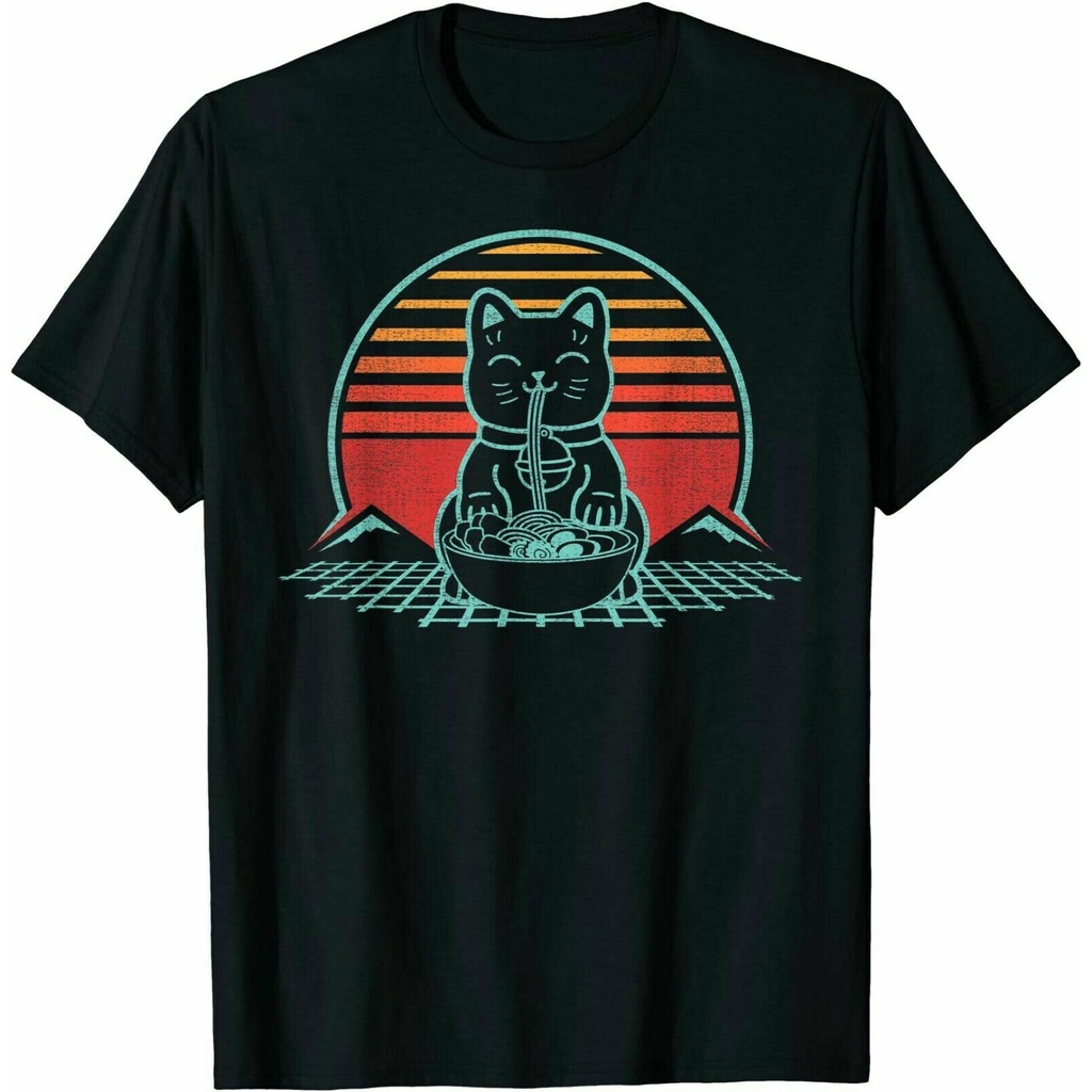 Cat Ramen Kawaii Neko Chonk Retro 80s Japan Lover T-shirts  DIY Printed T-Shirt 100% Cotton Tee Short Sleeve Sport Oversize fashion Classic Men'S Tee Father'S Day Birthday Cool Gift
