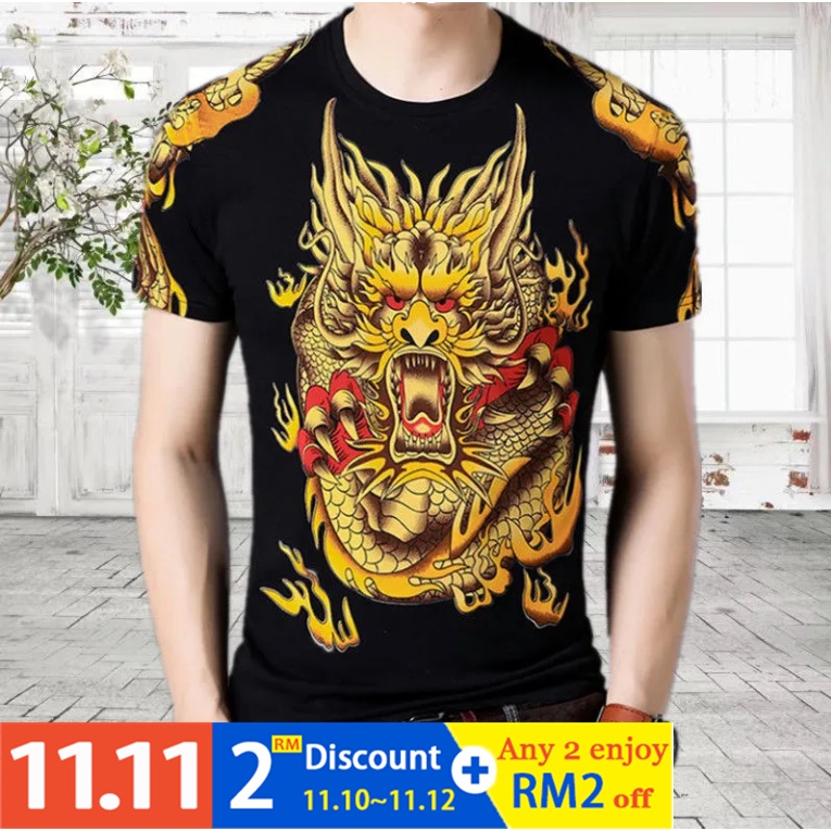 Áo Thun Tay Ngắn In Hình Rồng 3D Phong Cách Trung Hoa Thời Trang Xuân Hè Cho Nam