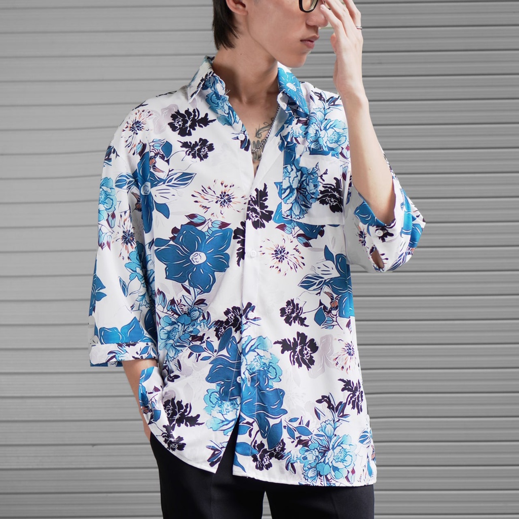 Áo sơ mi nam tay lỡ Hàn Quốc bông hoa xanh SH049
