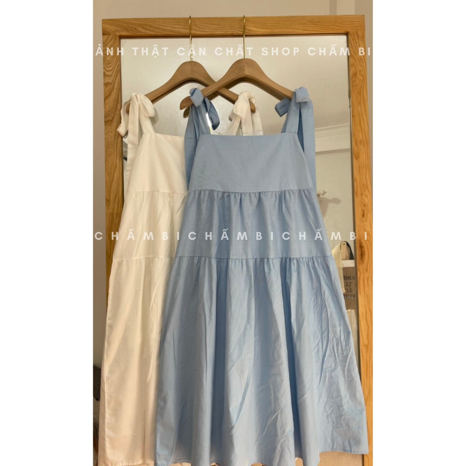 Váy babydoll Hàn Quốc V.079, Váy dáng dài 2 tầng xòe thắt nơ vai cực xinh | BigBuy360 - bigbuy360.vn