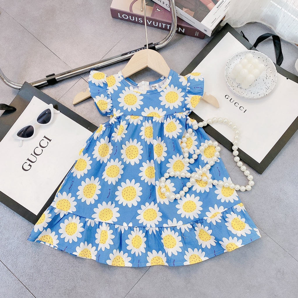 Váy bé gái hoa hướng dương tay hến sắc mầu XHN960