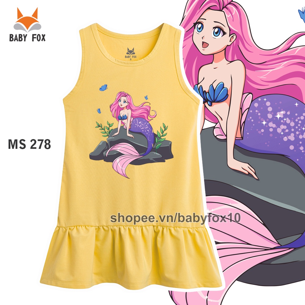 Váy đầm bé gái thun 100% cotton vải tốt, thương hiệu BABY FOX, in nàng tiên cá, size nhỏ, trung, đại c