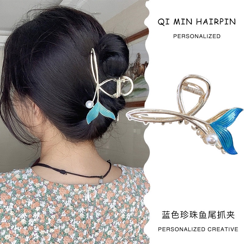 Kẹp tóc đuôi cá đính ngọc màu xanh kẹp tóc sau đầu bản to cho nữ tinh tế búi gọn gàng phong cách hàn Quốc