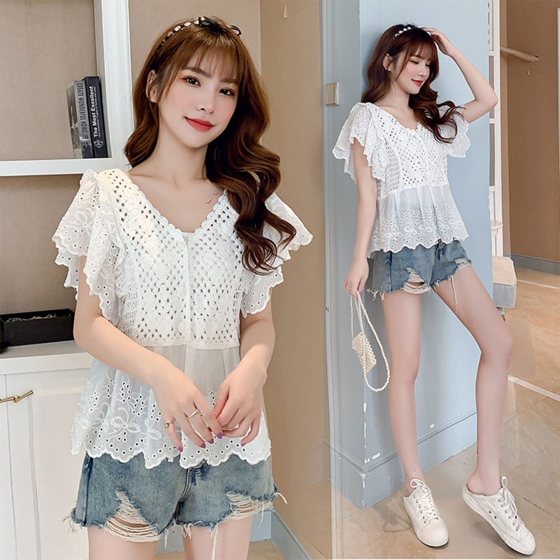 Brroa Áo Thun Dệt Kim Tay Ngắn Cổ Chữ V Phối Bèo Cài Nút Khoét Rỗng Gợi Cảm Mùa Hè Cho Nữ