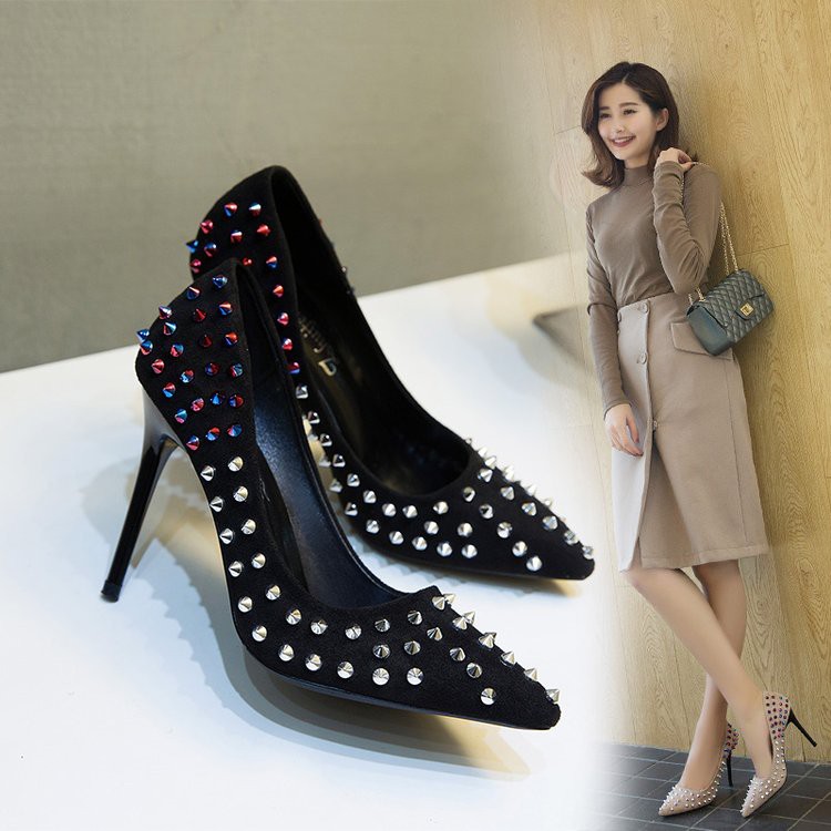 👠 Giày cao gót Da lộn_mũi nhọn đinh tán 👠