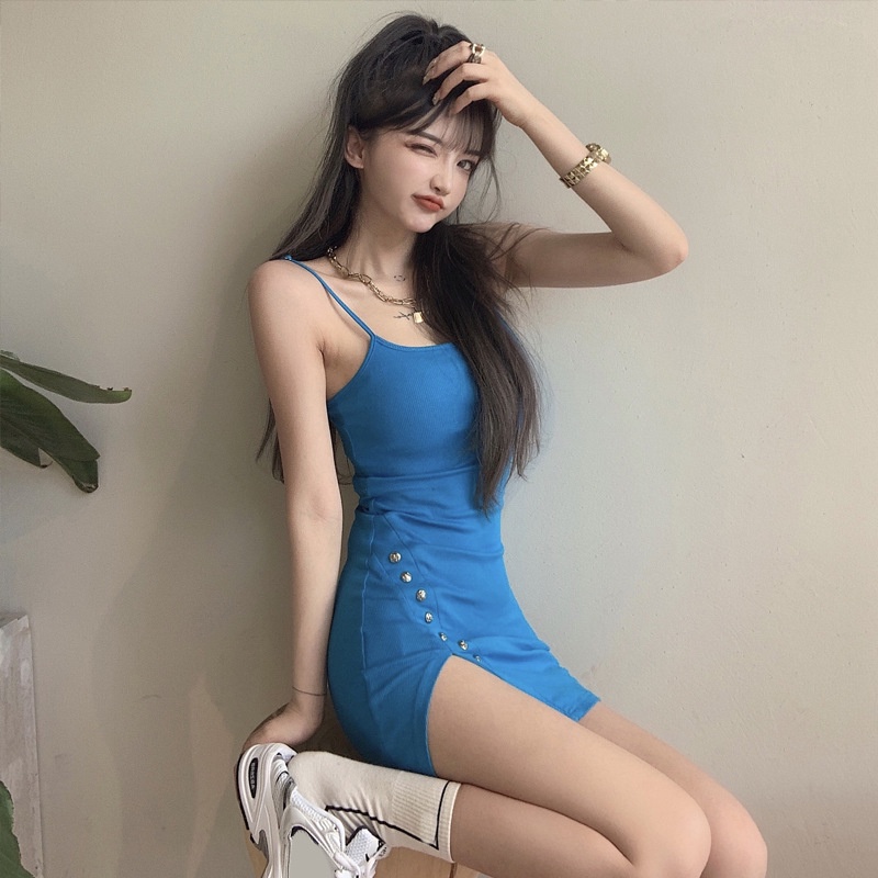 Đầm body 2 dây cổ vuông sexy, viền đính khuy cực sang chảnh