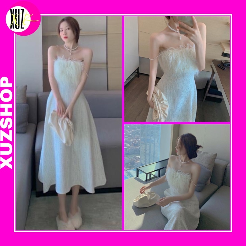 Đ4 Đầm Tiểu Thư 2 Dây Ngọc Đính Lông Vải Dạ Tweed Mỏng