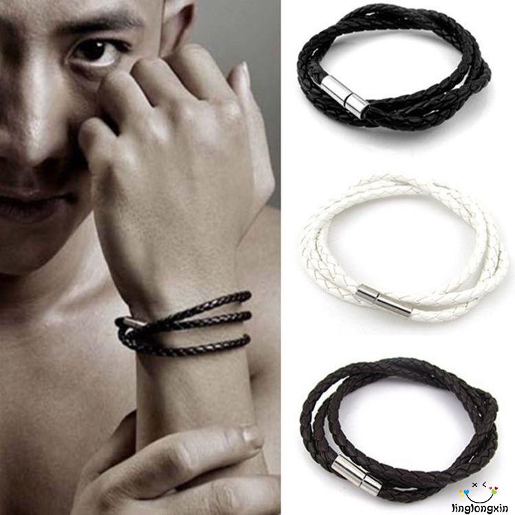 Vòng tay da nhiều lớp khóa kim loại cá tính cho nam