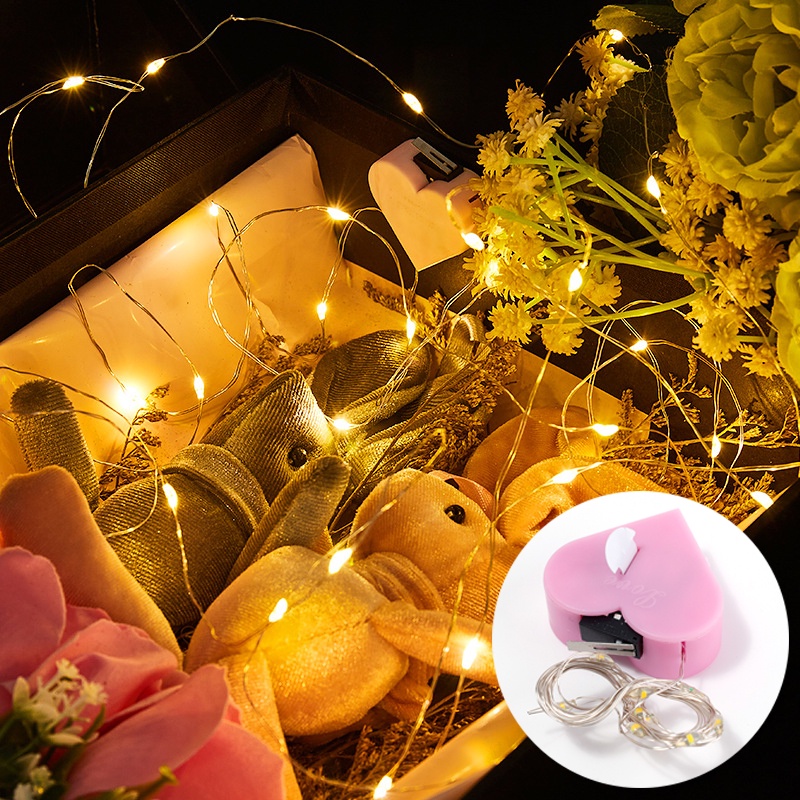 Dây Đèn LED Hồng Trái Tim Lãng Mạn Bằng Dây Đồng Kèm Hộp Quà Tặng Xinh Xắn