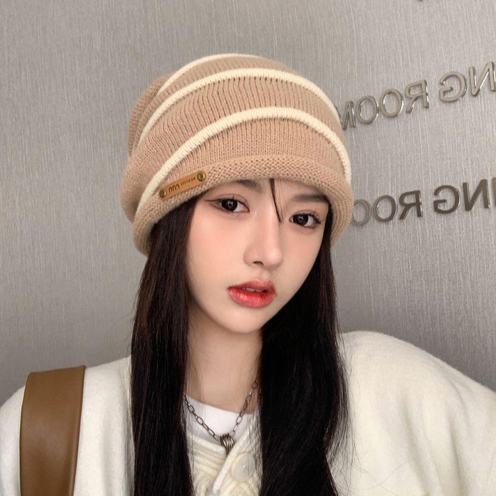 NICKOLAS Mũ Len Trùm Đầu Chống Gió Ấm Áp Họa Tiết Sọc Ngang Ngọt Ngào Cho Nữ