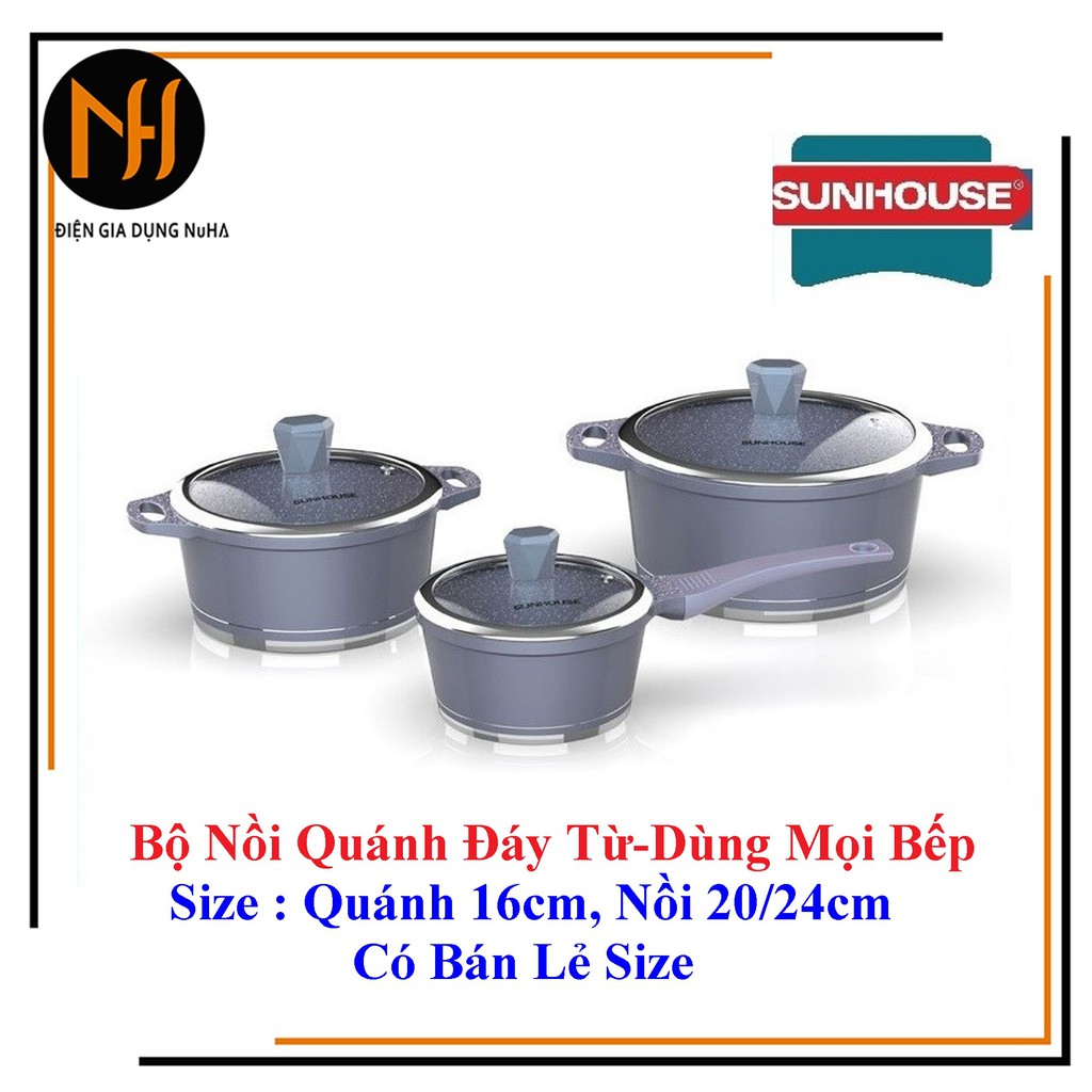 [CÓ VIDEO]Bộ nồi và quánh vân đá đáy từ chống dính Sunhouse 3 chiếc cực đẹp, nắp kính cường lực, dùng mọi loại bếp