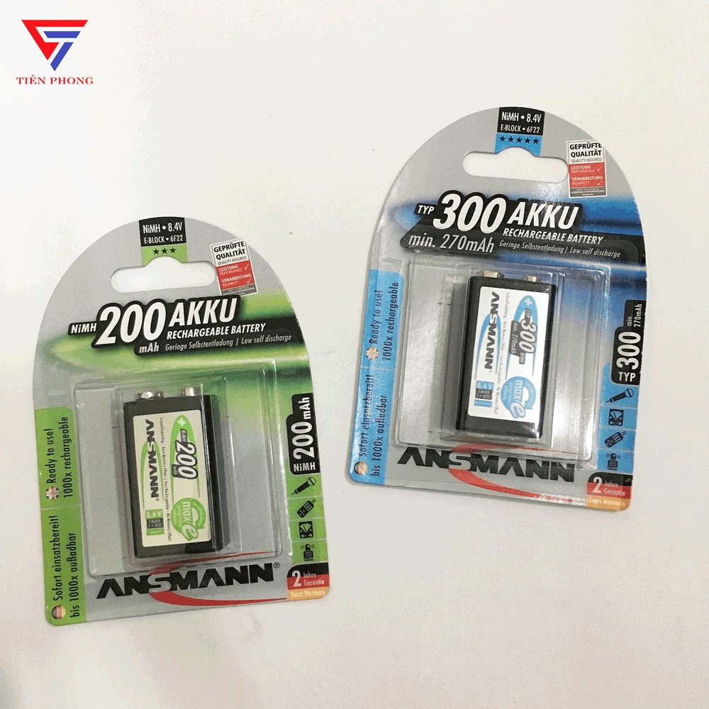 Pin sạc 9v vuông Ansmann 200mAh, 300mAh chính hãng - Vỉ 1 viên