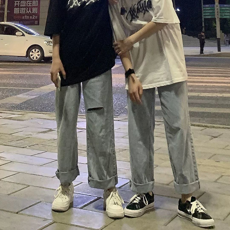 Autumn New Retro Hole Jeans Women Loose All Fit High Waist Pants Fashion Wide Straight Pants