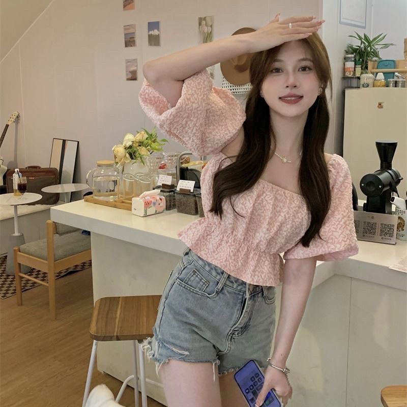 Áo trễ vai hoa nổi phong cách hàn quốc. Áo hở vai tay bồng trơn gợi cảm A01