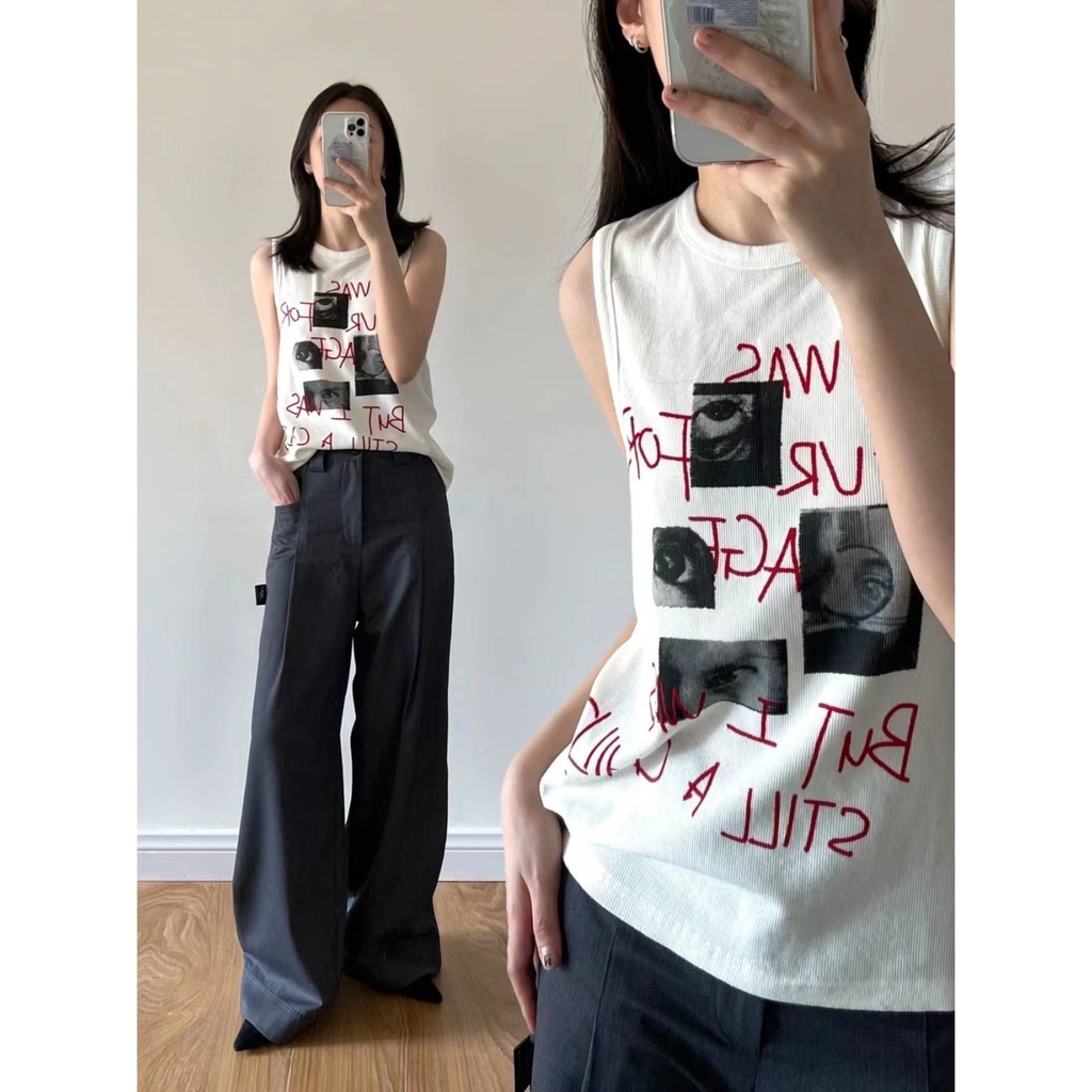 ♘⊕❇Áo Thun Sát Nách Cổ Tròn Dáng Rộng Họa Tiết Kẻ Sọc Thời Trang Retro Mỹ Cho Nữ