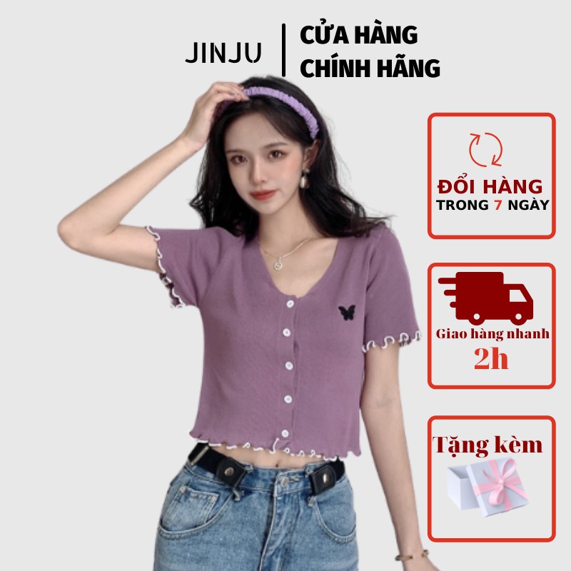 Áo croptop kiểu, áo sơ mi kiểu  tay ngắn dáng ôm co giãn free size cho nữ, chất len tăm cao cấp- JinJu | BigBuy360 - bigbuy360.vn