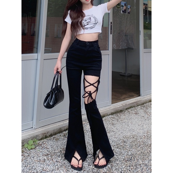 Quần Dài Lưng Cao Màu Đen Thiết Kế Xẻ Rách Cá Tính