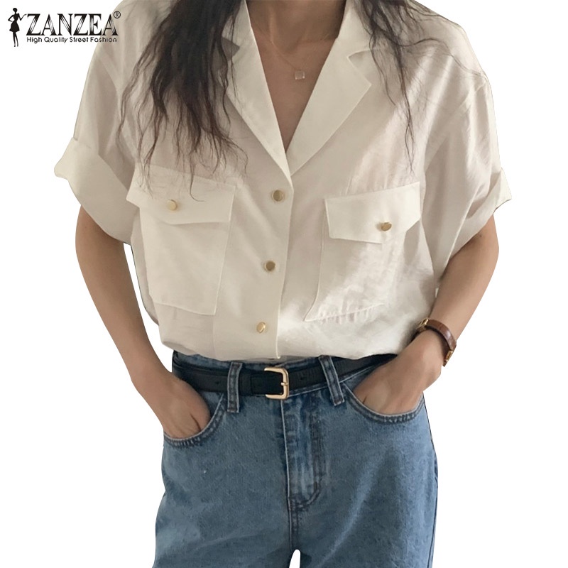 Áo sơ mi tay lửng ZANZEA dáng rộng cài nút thời trang dành cho nữ