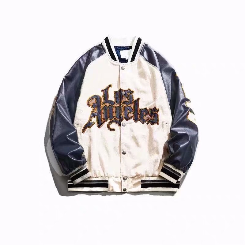 Áo jacket bóng chày phối tay da chữ thêu nổi 3d