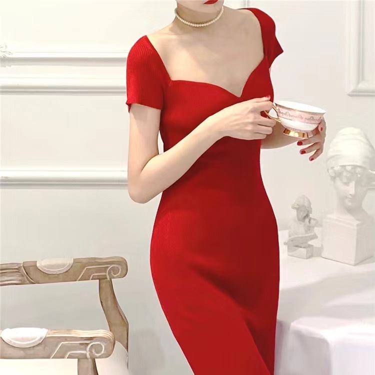 Đầm SUXI dệt kim tay ngắn màu trơn thời trang xuân hè dành cho nữ