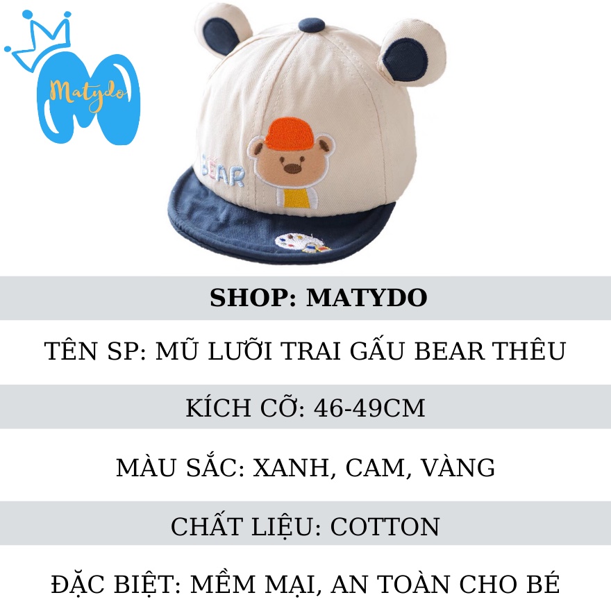 Mũ lưỡi trai cho bé gái bé trai nón hình gấu BEAR thêu đáng yêu phụ kiện trẻ em
