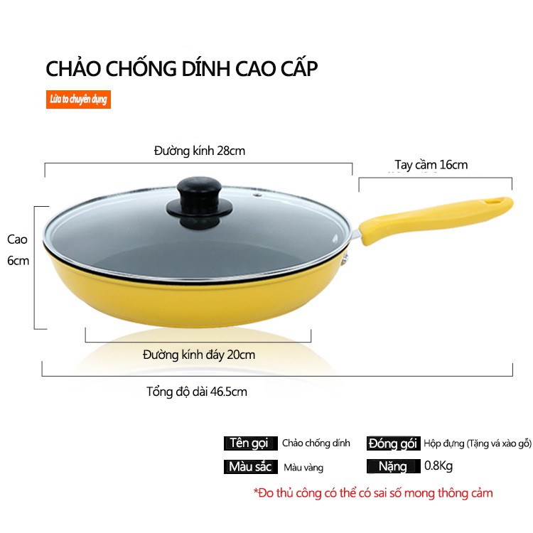 Chảo chống dính màu vàng 28cm,có nắp, tặng vá xào gỗ, chảo chiên chảo rán chảo rán cao cấp YA11