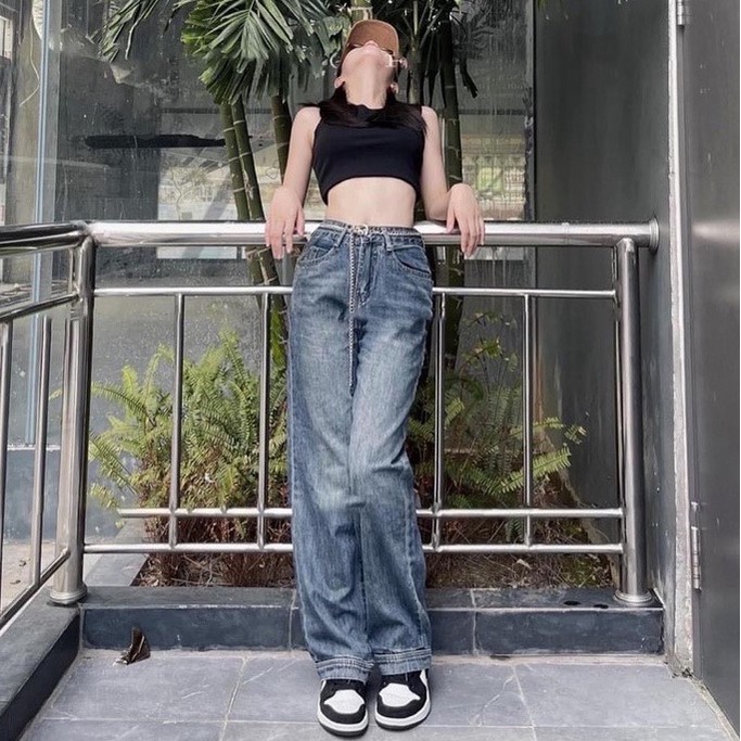 Shynstores Quần jeans nữ - quần bò nữ lưng cao dáng suông ống rộng kèm đai xích màu xanh