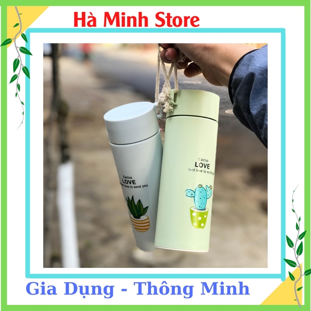 Bình Giữ Nhiệt Lúa Mạch 450ml Họa Tiết Xương Rồng, Lõi Thủy Tinh Bọc Nhữa, Giữ Nhiệt Lên Đến 5 Giờ - Gia Dụng Hà Minh