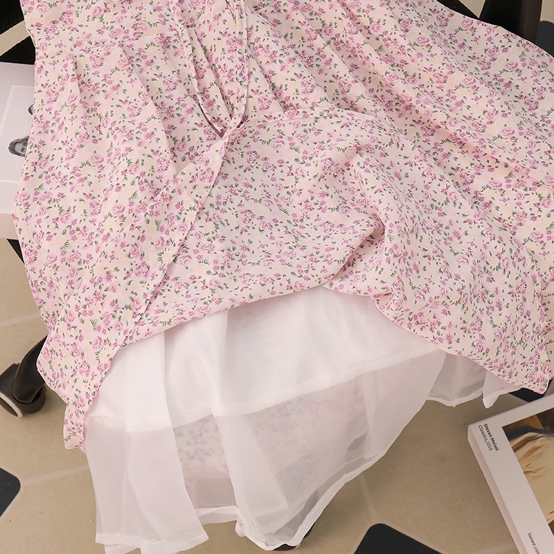 NUZIRO  Đầm Hoa Hai Dây Cổ Chữ V Màu Hồng Phong Cách Retro Hàng Mới Dành Cho Nữ