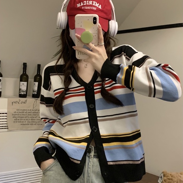 【ZHELIHANGFEI】Áo Cardigan Dệt Kim Dáng Rộng Kẻ Sọc Cầu Vồng Phong Cách Thời Trang Mỹ