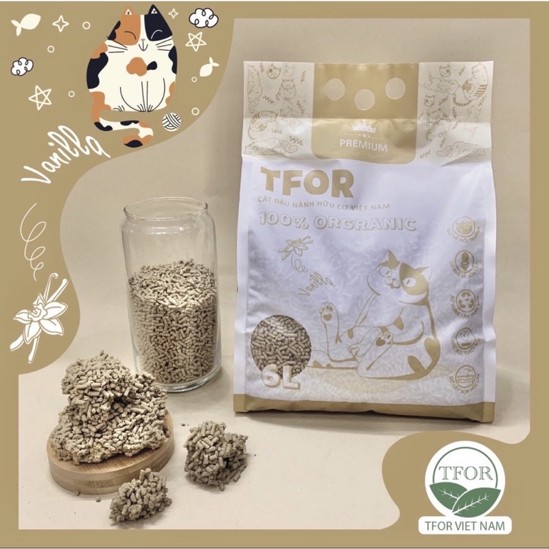 Cát đậu nành TFOR,cát vệ sinh cho mèo hữu cơ Việt Nam xả được trong bồn vệ sinh