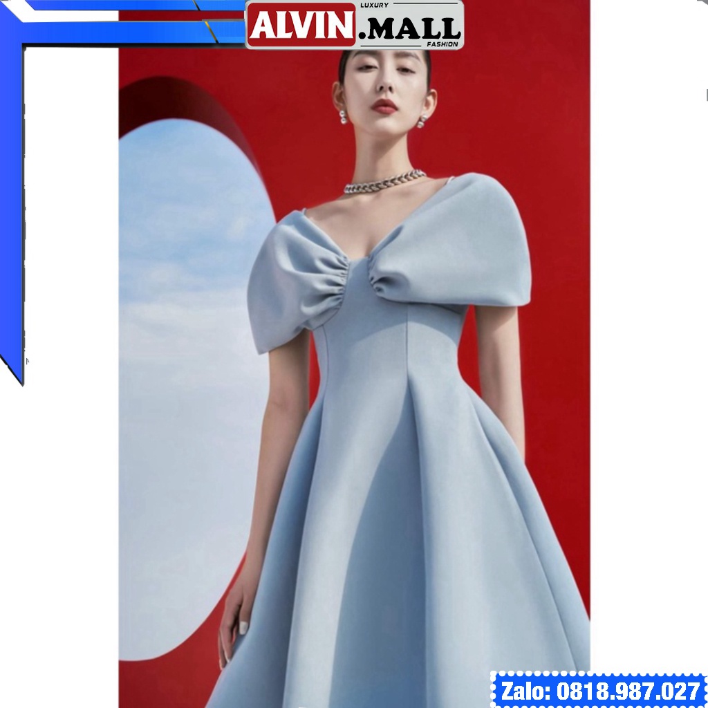 🔥𝓠𝓾ả𝓷𝓰 𝓒𝓱â𝓾 CAO CẤP🔥 Đầm dáng xòe hai dây hở vai ngang phối nơ màu xanh navy đỏ vải thun 4D nhập cao cấp ladyvi