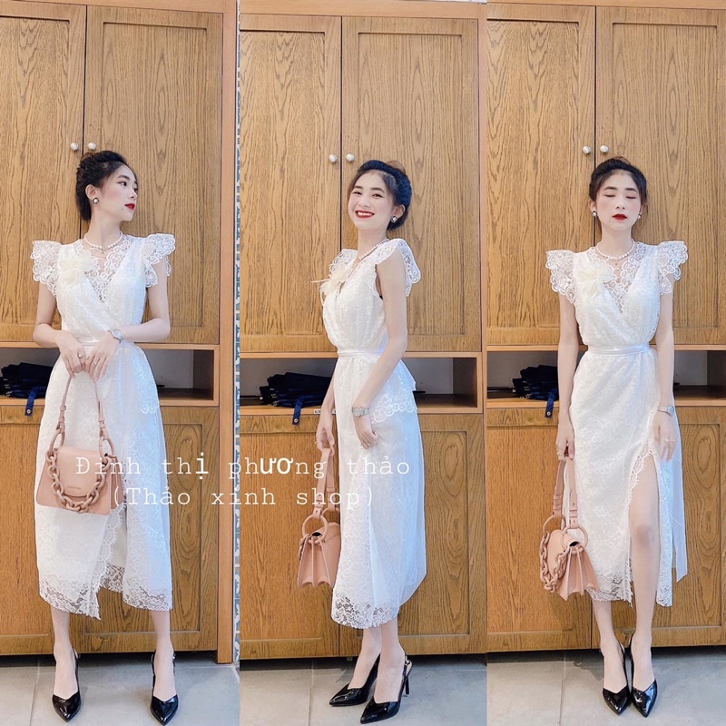 Váy ren trắng xẻ tà