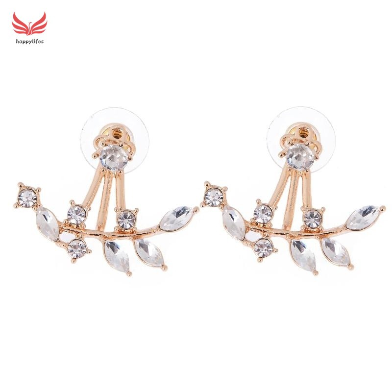 ☪HL♬ Double Sided Swing Stud Earrings Gold Plated Leaf Crystal Ear Jacket Gift Fashion 