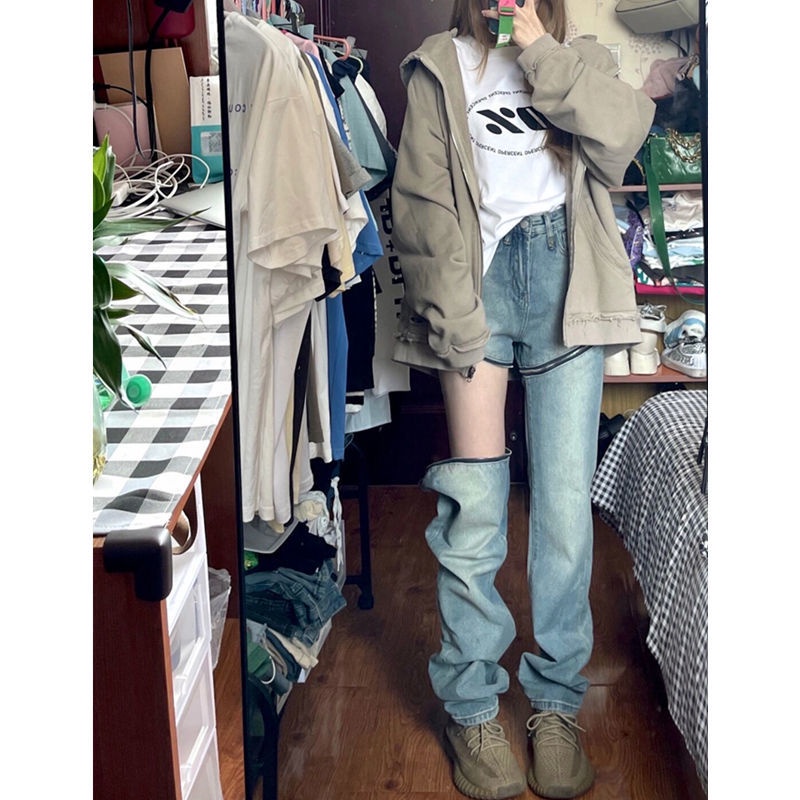 Quần Jean Ống Rộng Lưng Cao Tháo Rời Được Phong Cách Âu Mỹ Thời Trang Xuân Thu Cho Nữ Plus Size