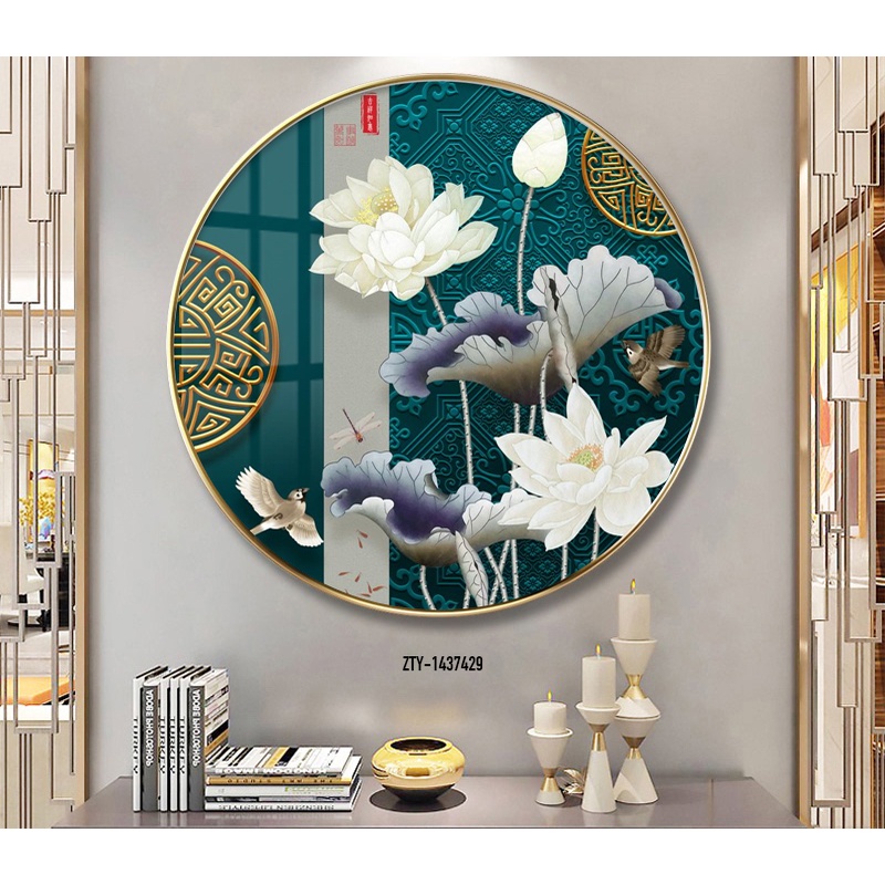 Tranh hình tròn trừu tượng Hoa sen trắng tài lộc may mắn GLTR0230 phủ bóng laminate cao cấp treo tường