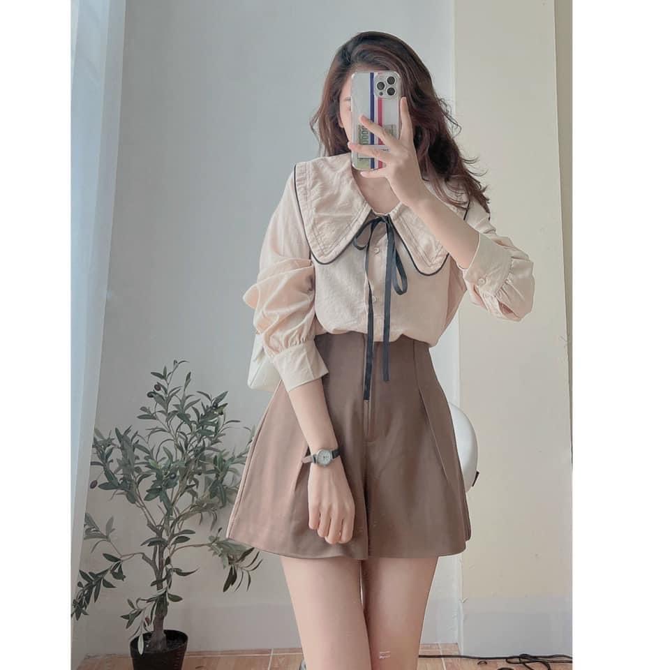 Ảnh thật/video - Áo sơ mi cổ viền chỉ phối nơ cổ