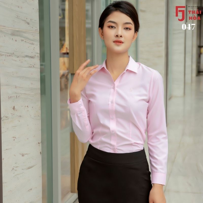 Áo sơ mi nữ đẹp hồng tím kiểu công sở tay dài đẹp bigsize cotton Thái Hoà 047-03-08