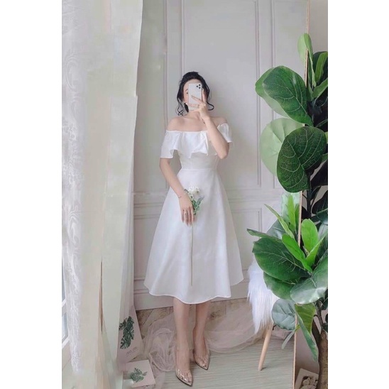 Váy dự tiệc trễ vai siêu xinh-đầm trắng trễ vai dự tiệc sang chảnh