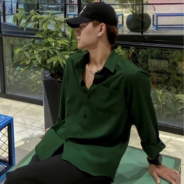 Áo Sơ Mi Tay Dài Unisex Xanh Lá Đậm Tối Hot Trend Street Style Mr Smile 99 Shop