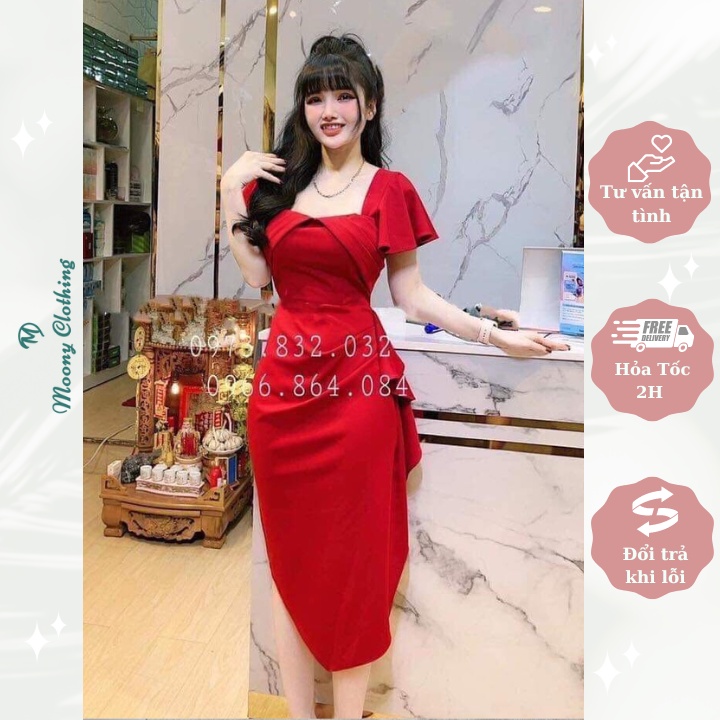Váy nhún eo sang chảnh, quyến rũ Đầm dự tiệc ôm body vạt bèo size 40 - 65kg Vải tuyết hàn mềm mại, lên form ôm dáng